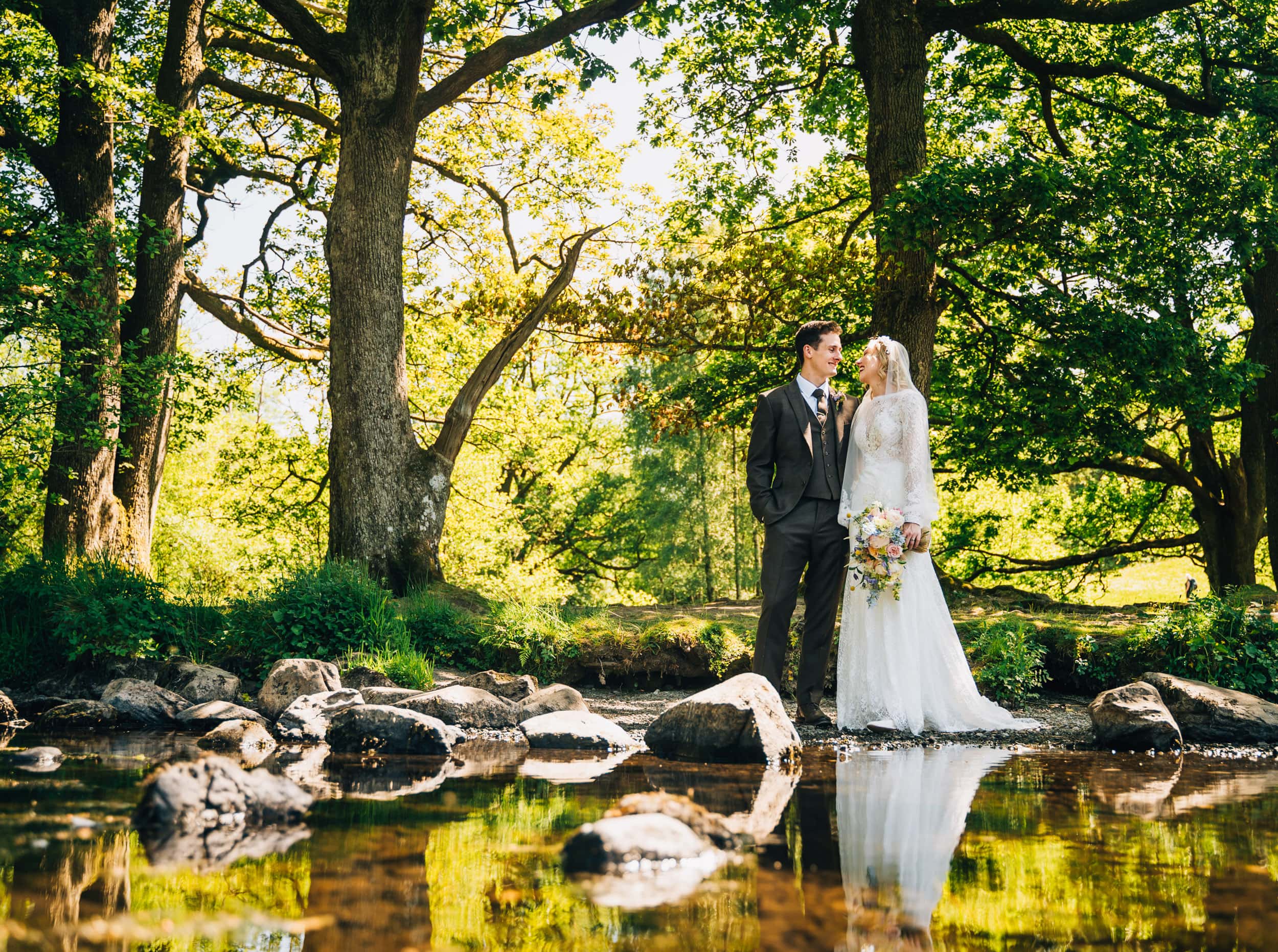 Bride at forest pond